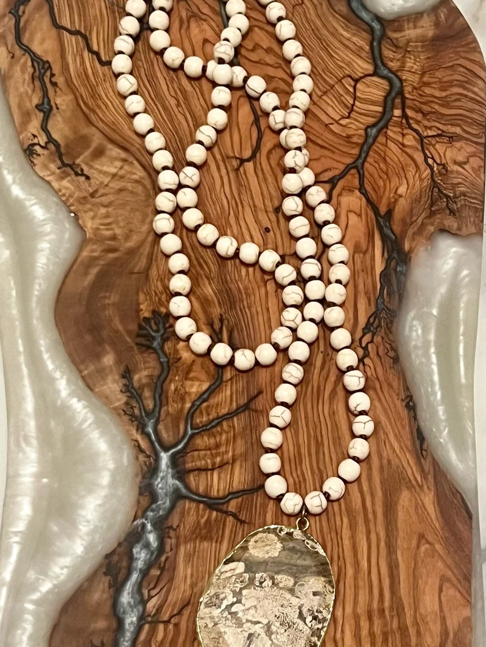 Natural Stone Bead Necklace with Textured Gold Pendant - Cream